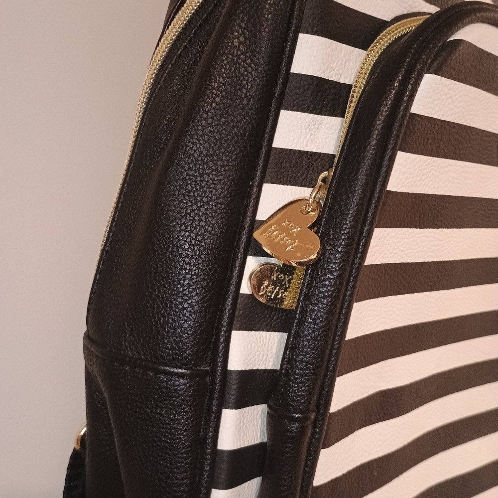 Betsy Johnson Black & White Striped Backpack with Pink Bow - Picture 3 of 6